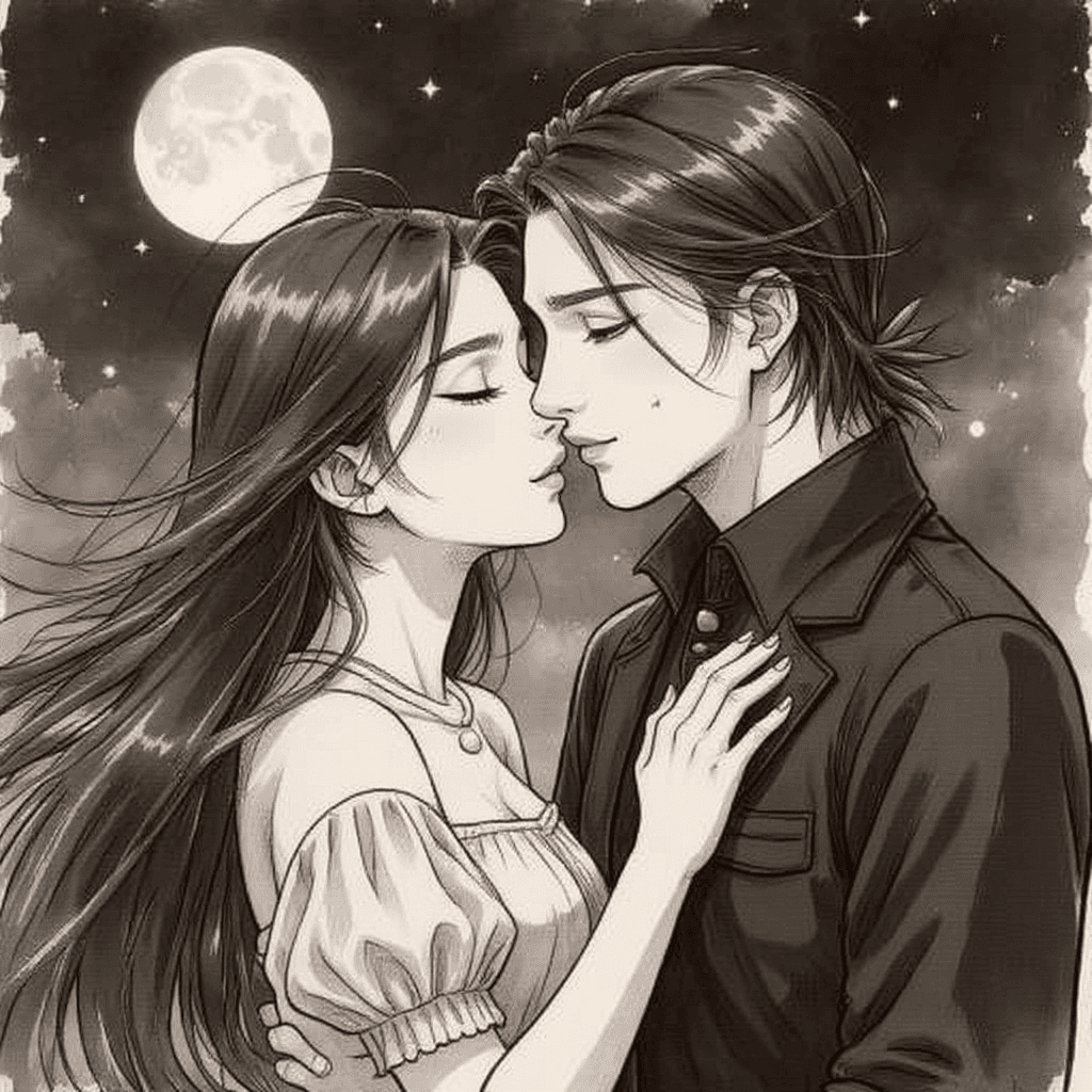 Chinese ink painting style romantic scene