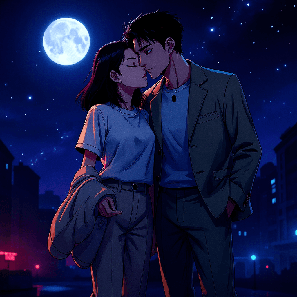 Cyberpunk anime kiss scene with neon effects