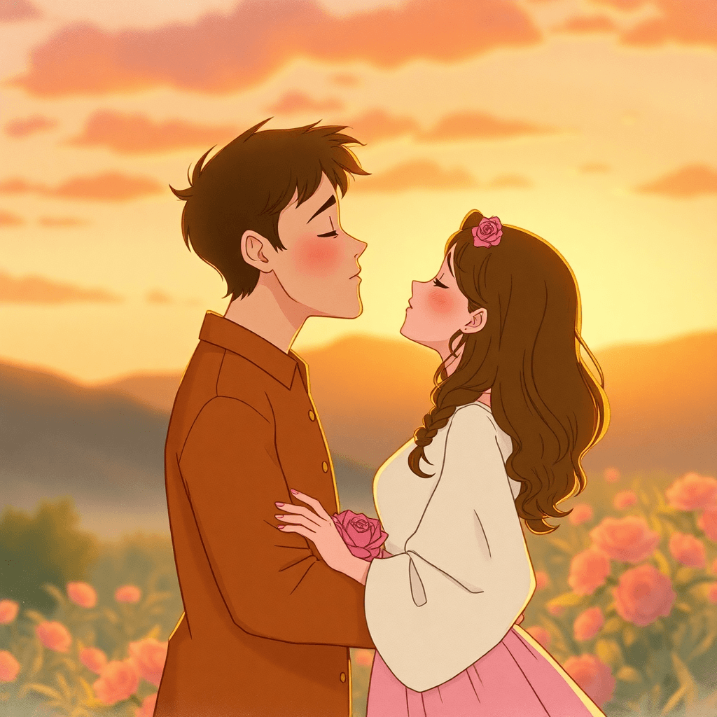 Disney style anime kiss scene with magical elements