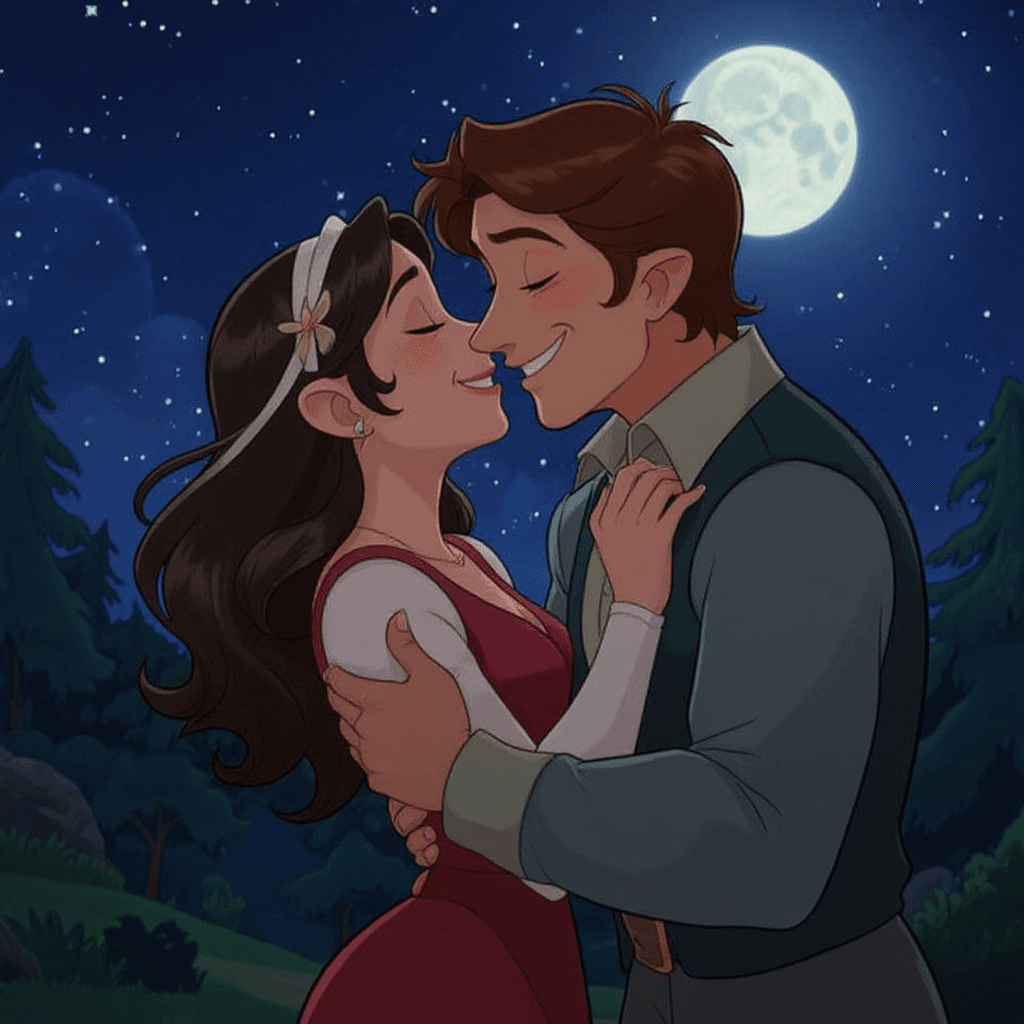 Disney castle kiss scene with magical elements