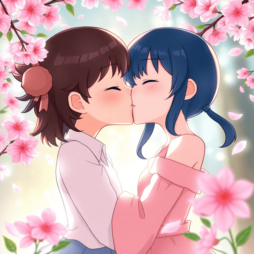 Manga style anime kiss with detailed line art