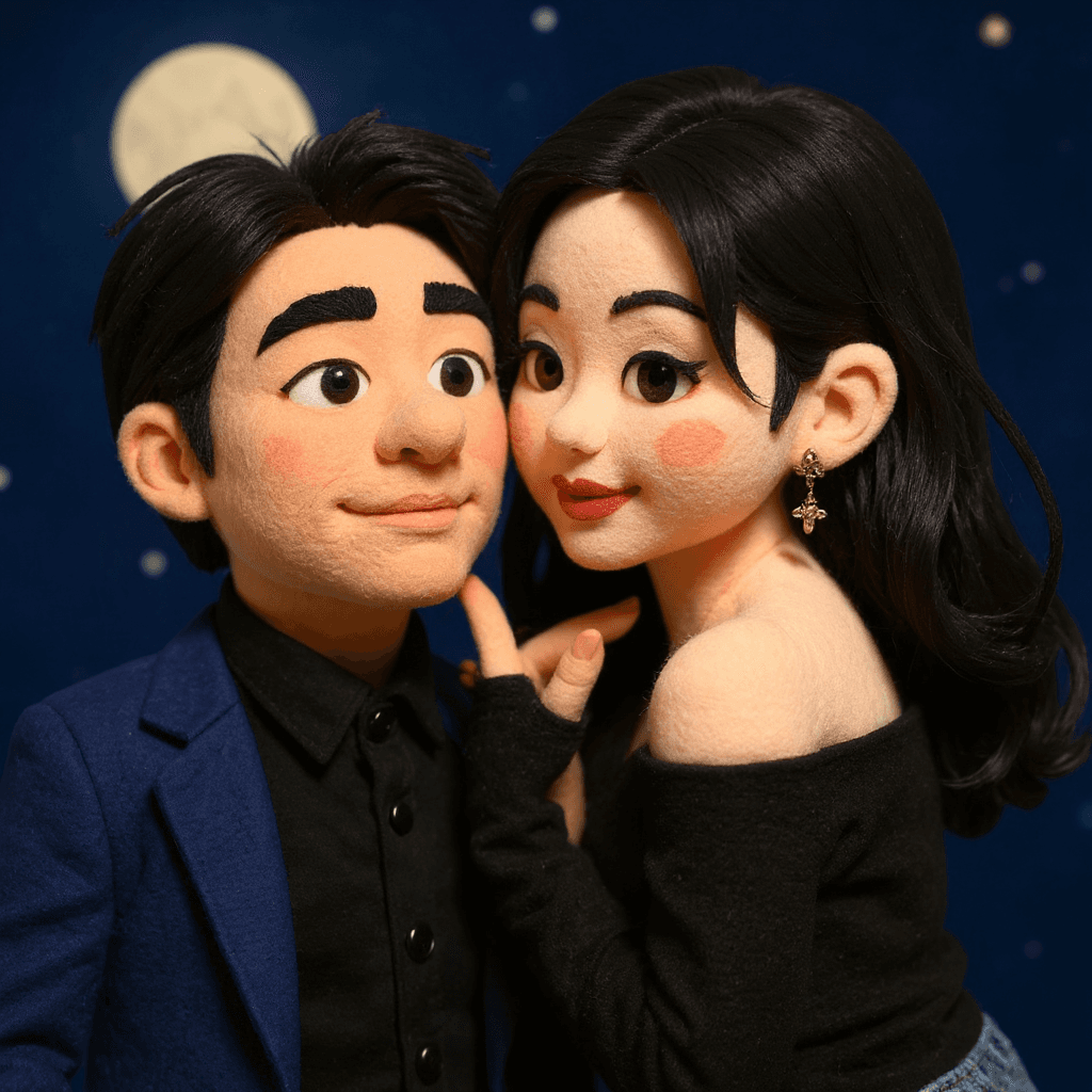 Muppet puppet style whimsical kiss scene