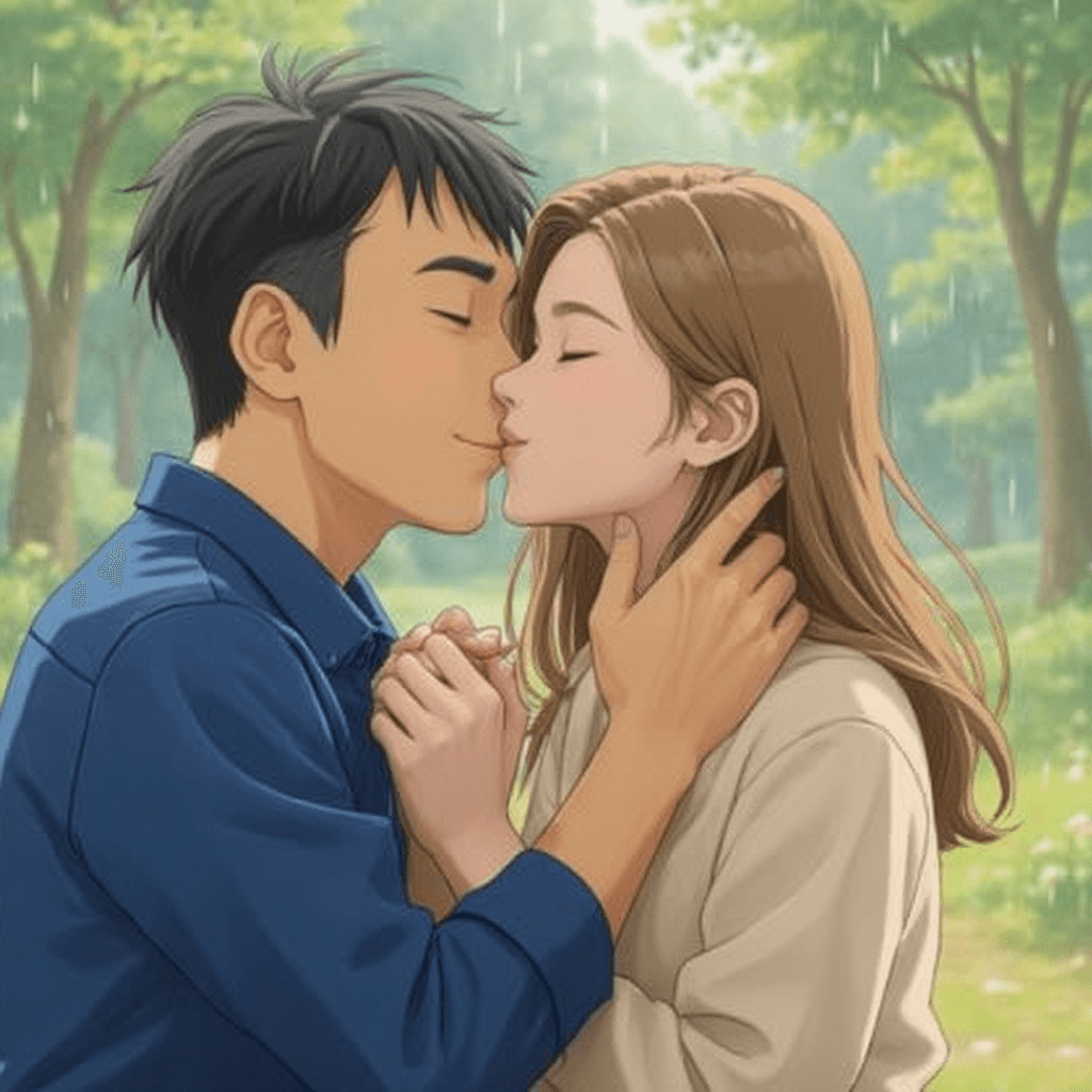 Pop art style colorful anime kiss scene