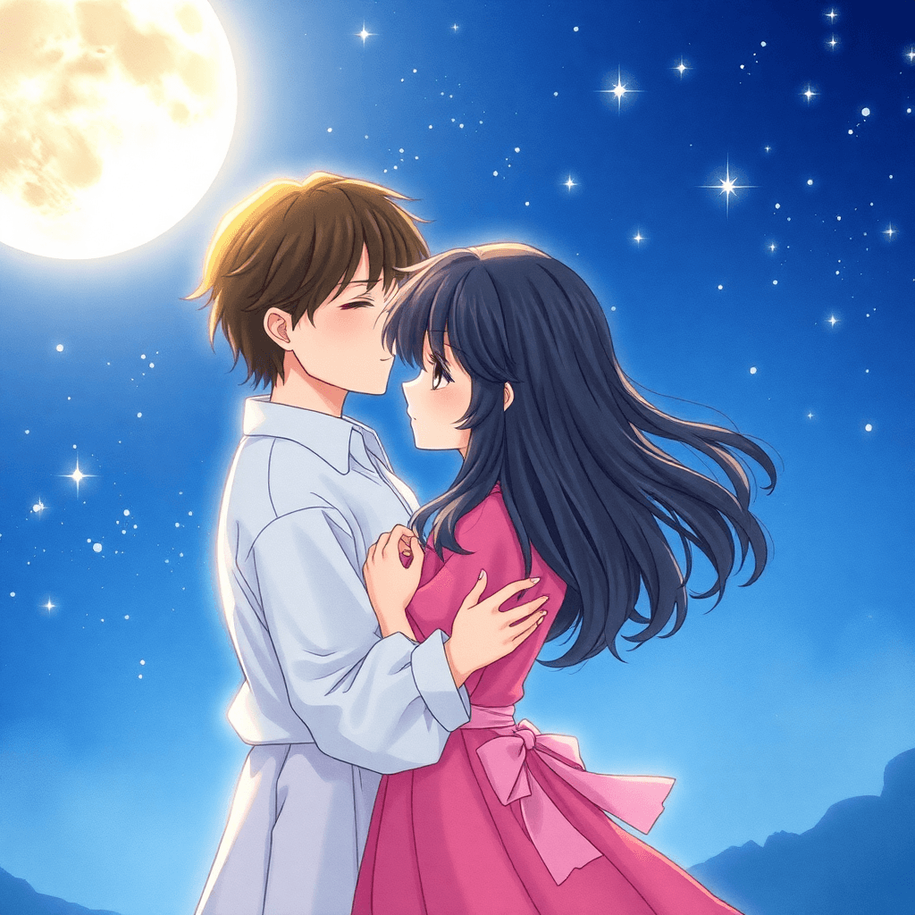 Vintage anime kiss scene with retro charm