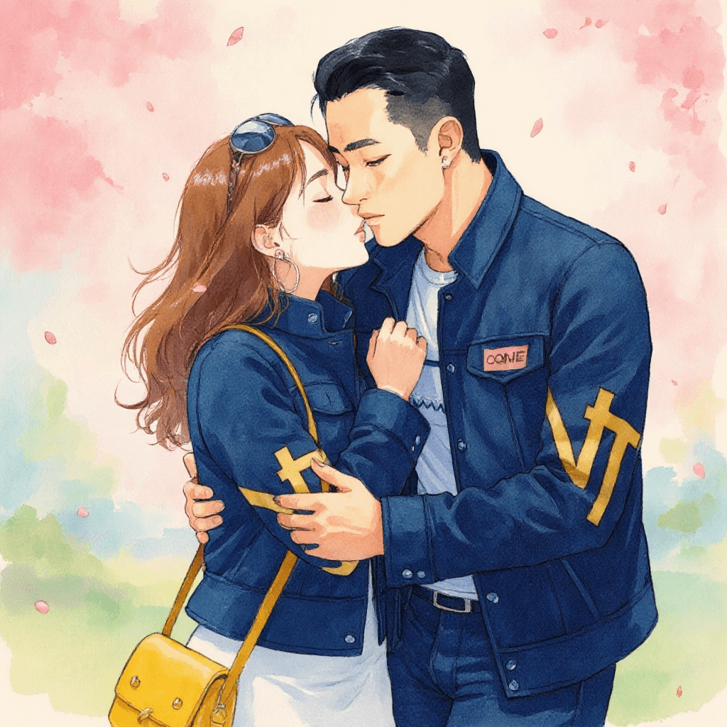 Watercolor style anime kiss